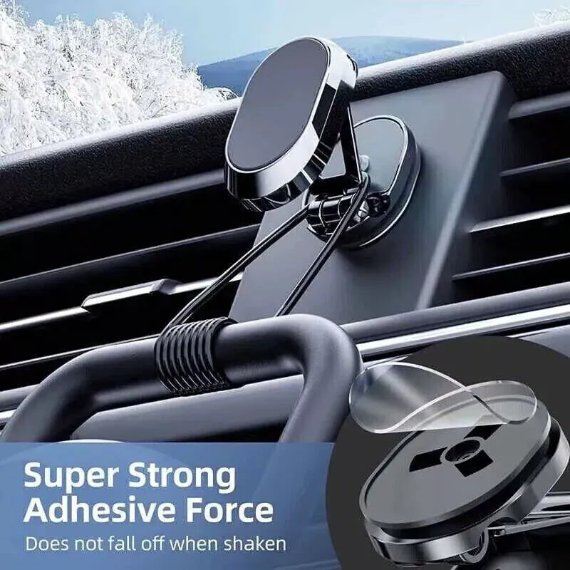 Chrome magnetic car phone holder with foldable bracket in extended and collapsed positions