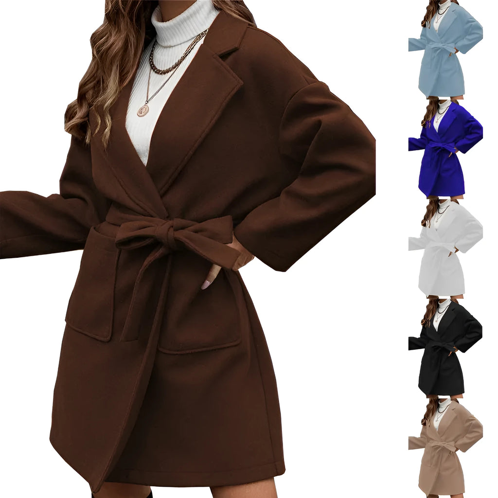 Minimalist long sleeve lapel button coat with split belt in thick polyester fabric