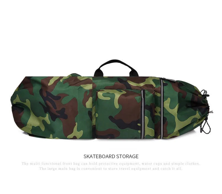 Black waterproof skateboard backpack with a longboard strapped to the side, showing padded shoulder straps.