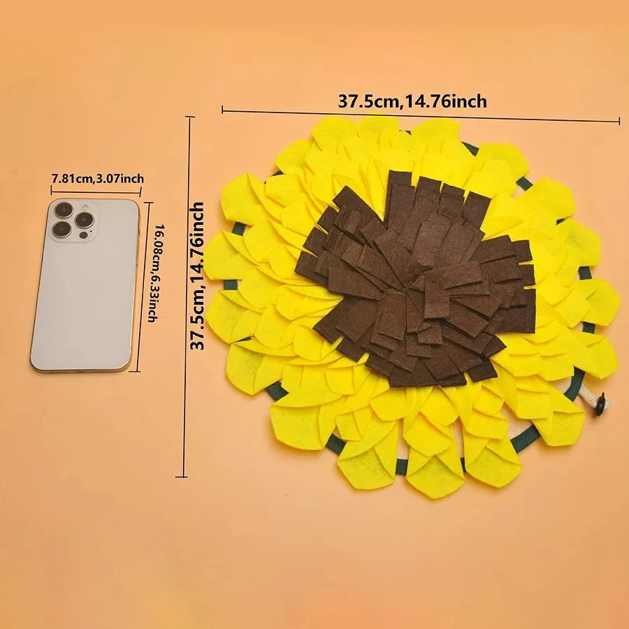 Yellow sunflower-shaped dog snuffle mat with rope and buckle attachment for slow feeding