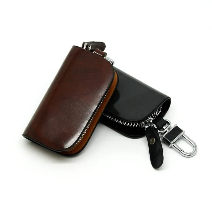 Genuine leather car key case with zipper closure in black or brown
