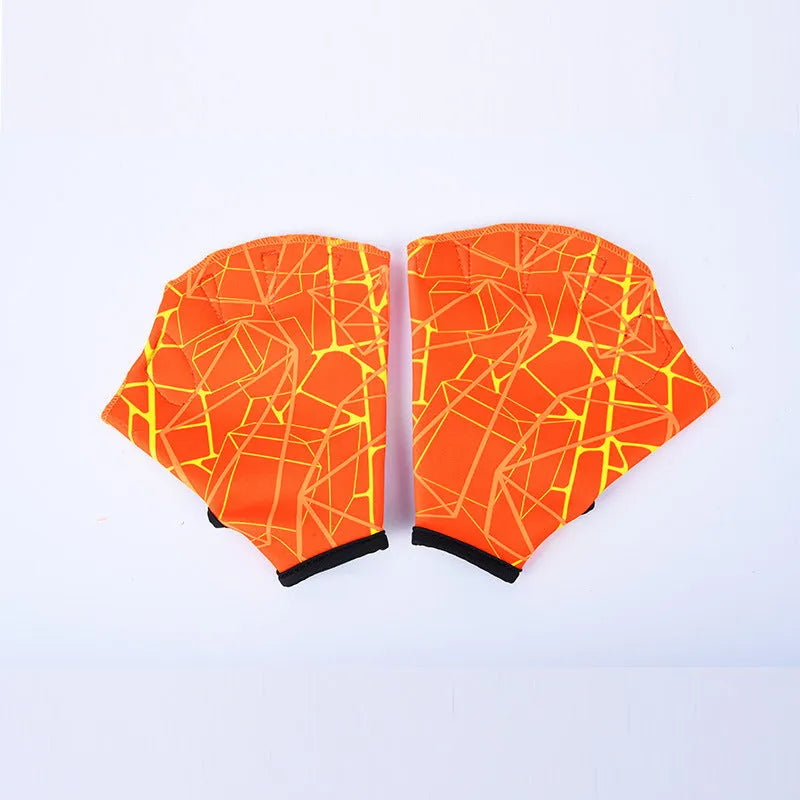 Green print duck foot webbed swimming glove for outdoor water training.