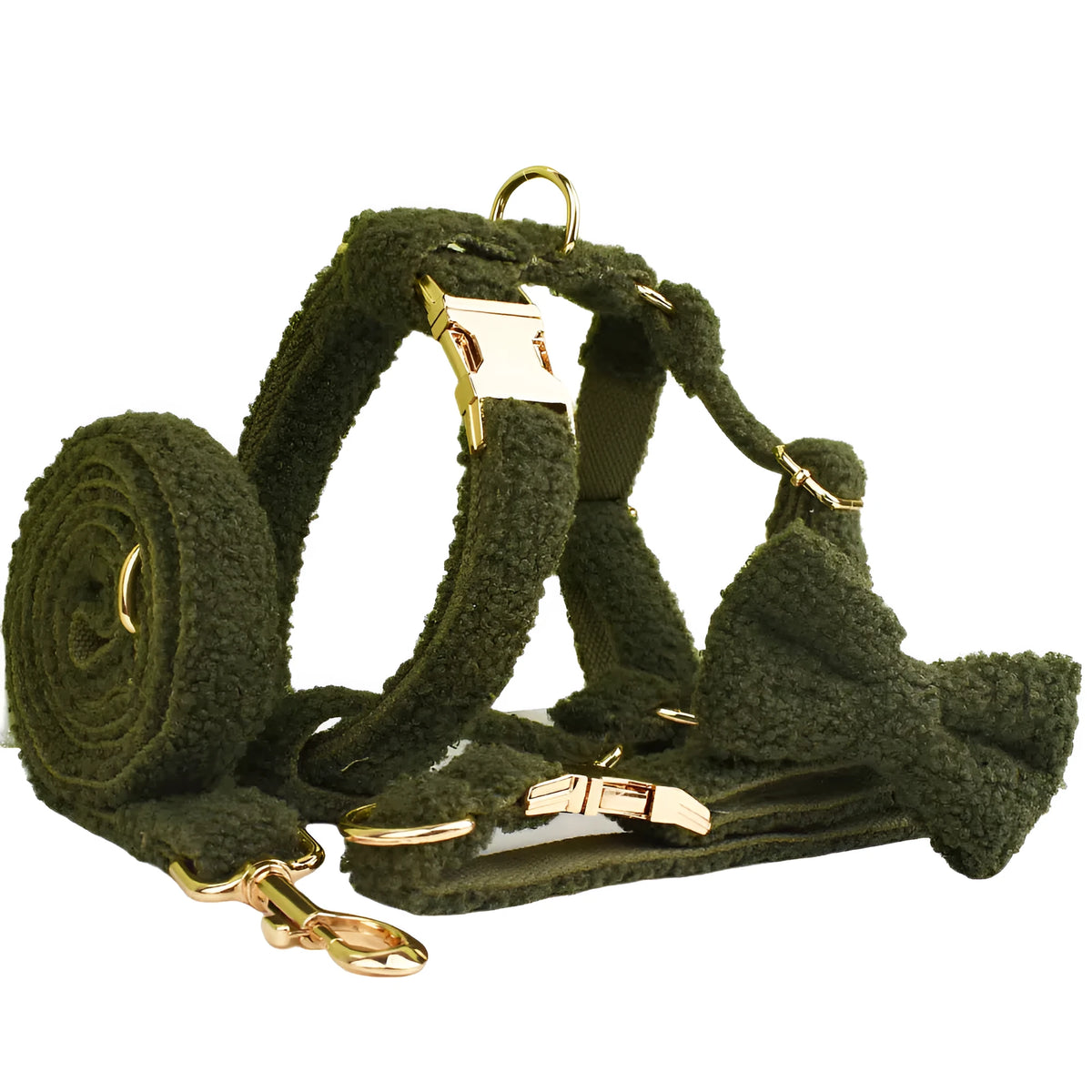 Army green velvet-look polyester dog collar, lead, bow and vest four-piece pet set in sizes XS to XL