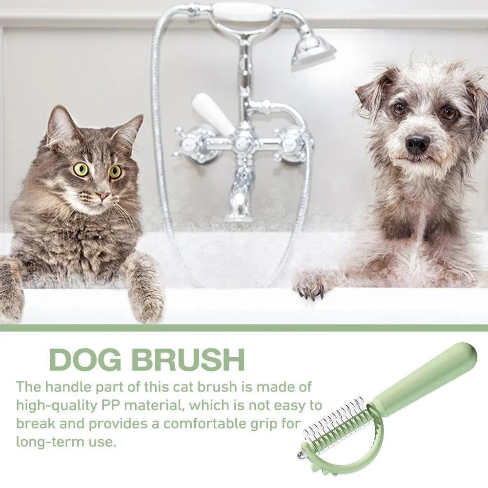 Dinosaur-shaped double-sided cat brush with self-cleaning mechanism in blue, green and white colours