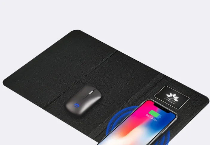 Grey folding cloth wireless charging mouse pad with luminous display and separate Bluetooth mouse