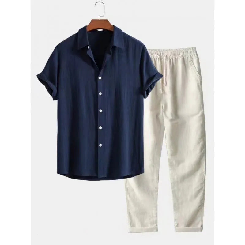 Men's casual short sleeve shirt and trousers set in polyester linen fabric with loose fit