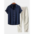 Men's casual short sleeve shirt and trousers set in polyester linen fabric with loose fit