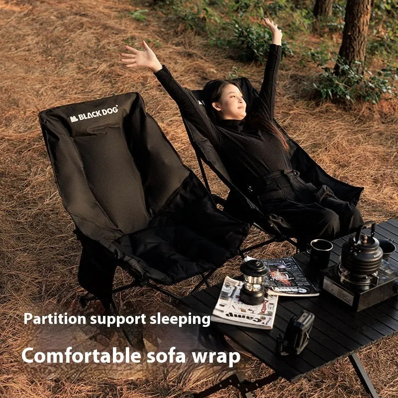 Night black folding moon chair with Oxford cloth seat and steel frame folded for portable transport