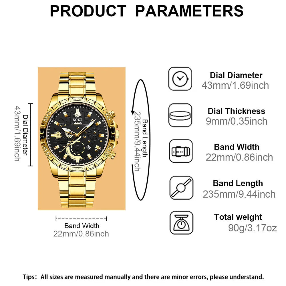 Gold men's stainless steel business watch with calendar on wrist