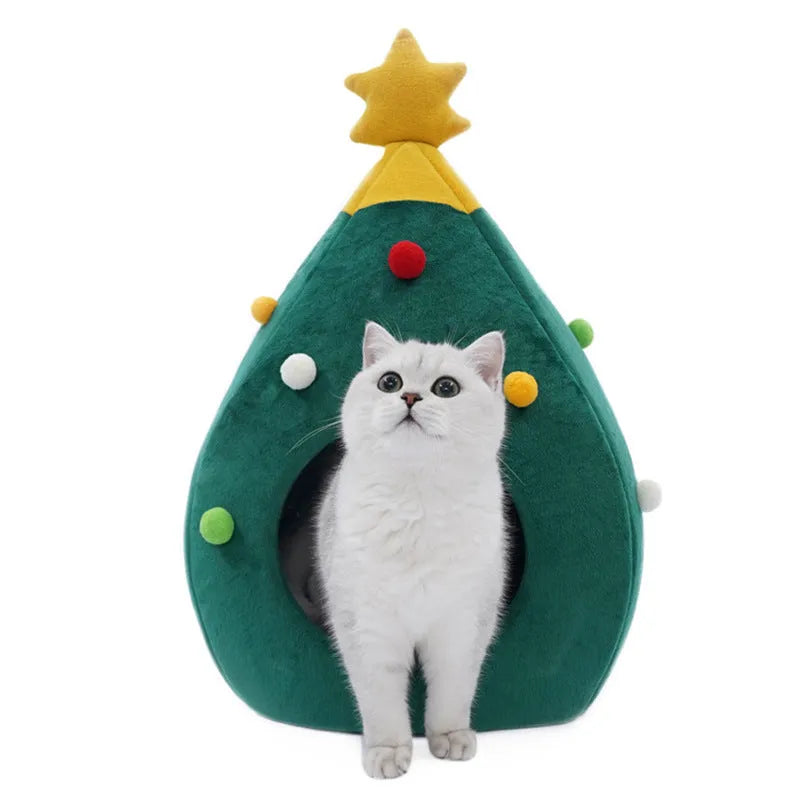 Christmas tree shaped plush teddy cat nest cave bed in warm colours with size dimensions