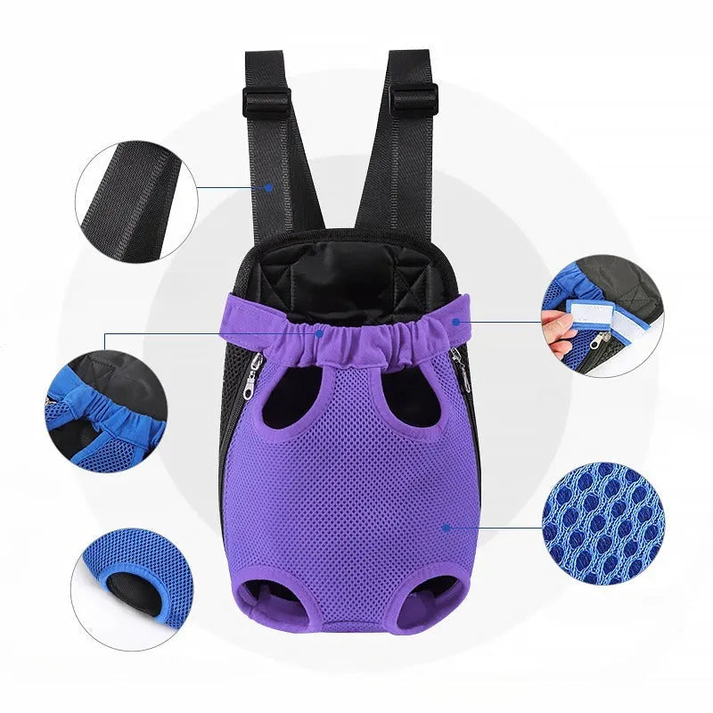 A person wearing a black dog carrier backpack containing a small dog, showing the mesh panels and adjustable straps.
