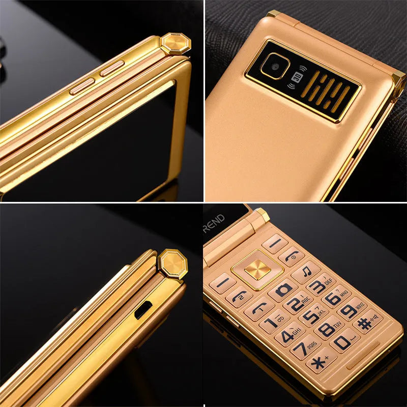 Dual screen flip phone for elderly users showing internal touch screen and external display