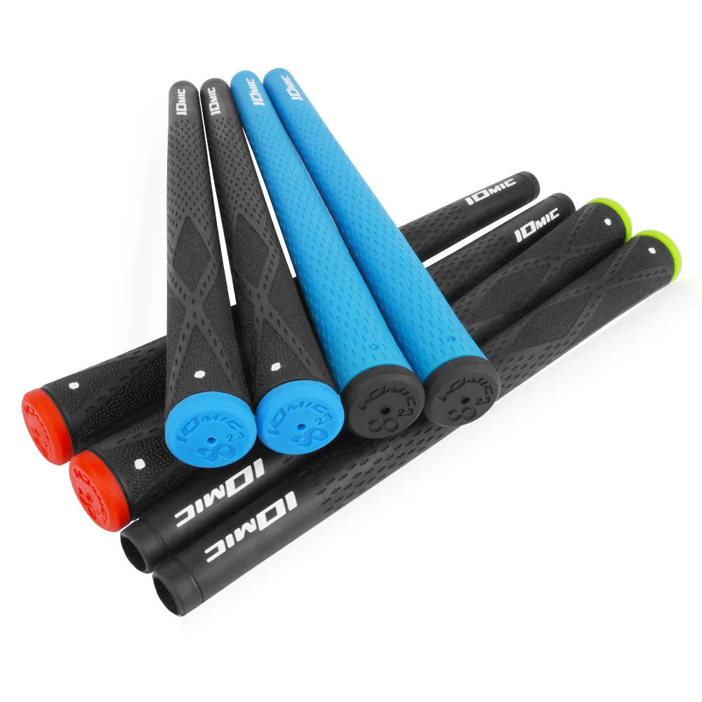 TPE and TPR material golf club grip shown in assorted colours including pink, red, blue, and black with coloured heads.
