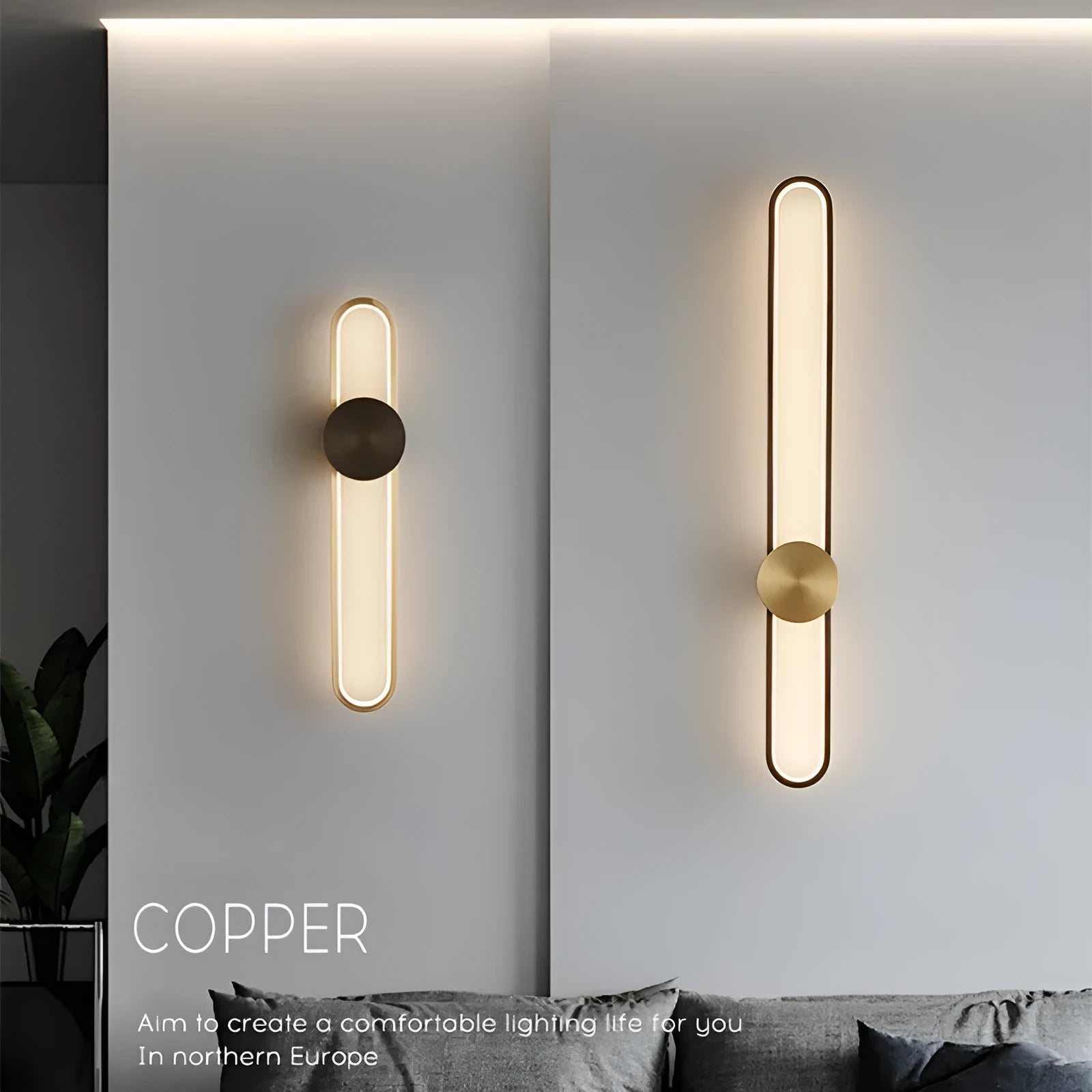 Modern minimalist round wall lamp with iron shade in black or gold finish, 60cm diameter