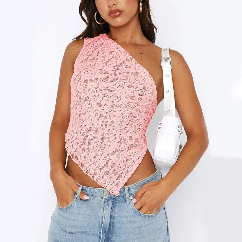 Women's backless sleeveless top with lace-up closure and asymmetrical neckline in solid colour