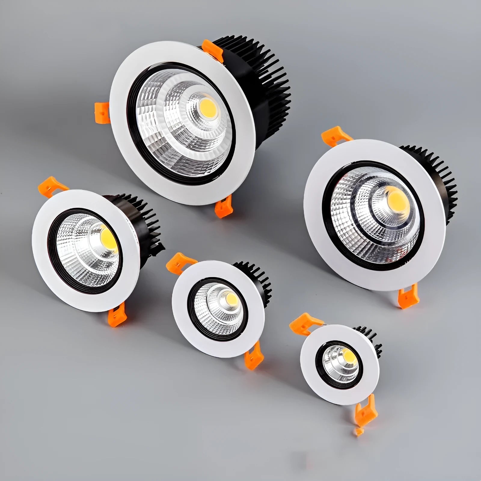 LED embedded ceiling spotlight with aluminium housing showing three colour temperature options and hole size measurements