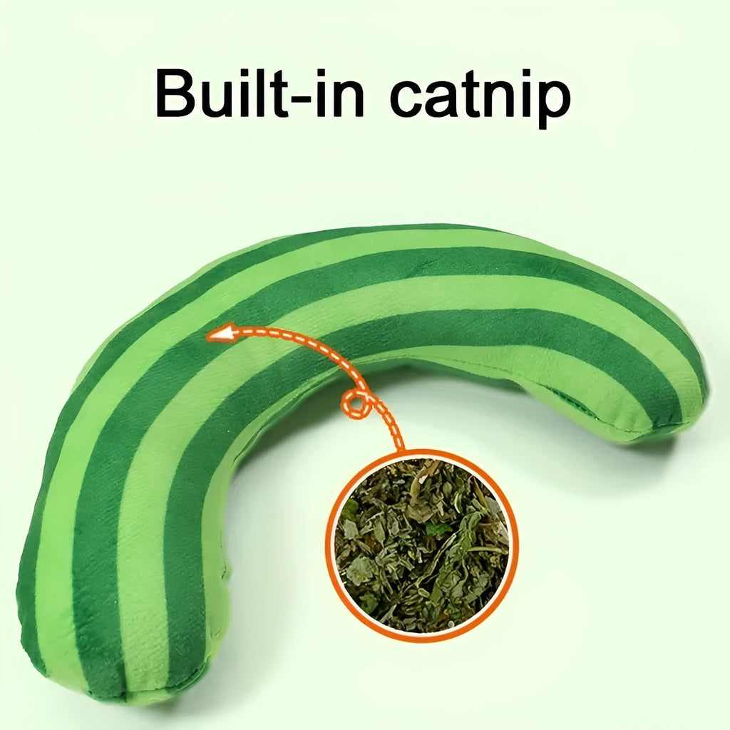 Striped pattern cat pillow toy with noise feature and built-in catnip measuring 23cm
