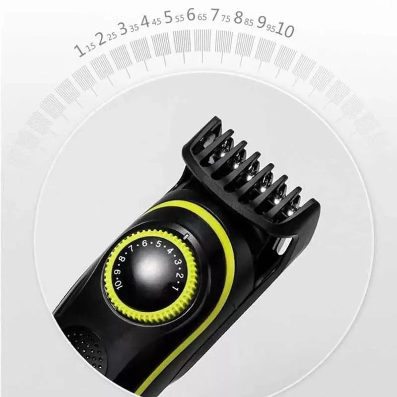 Black household electric hair clipper set with stainless steel blades and USB charging cable.