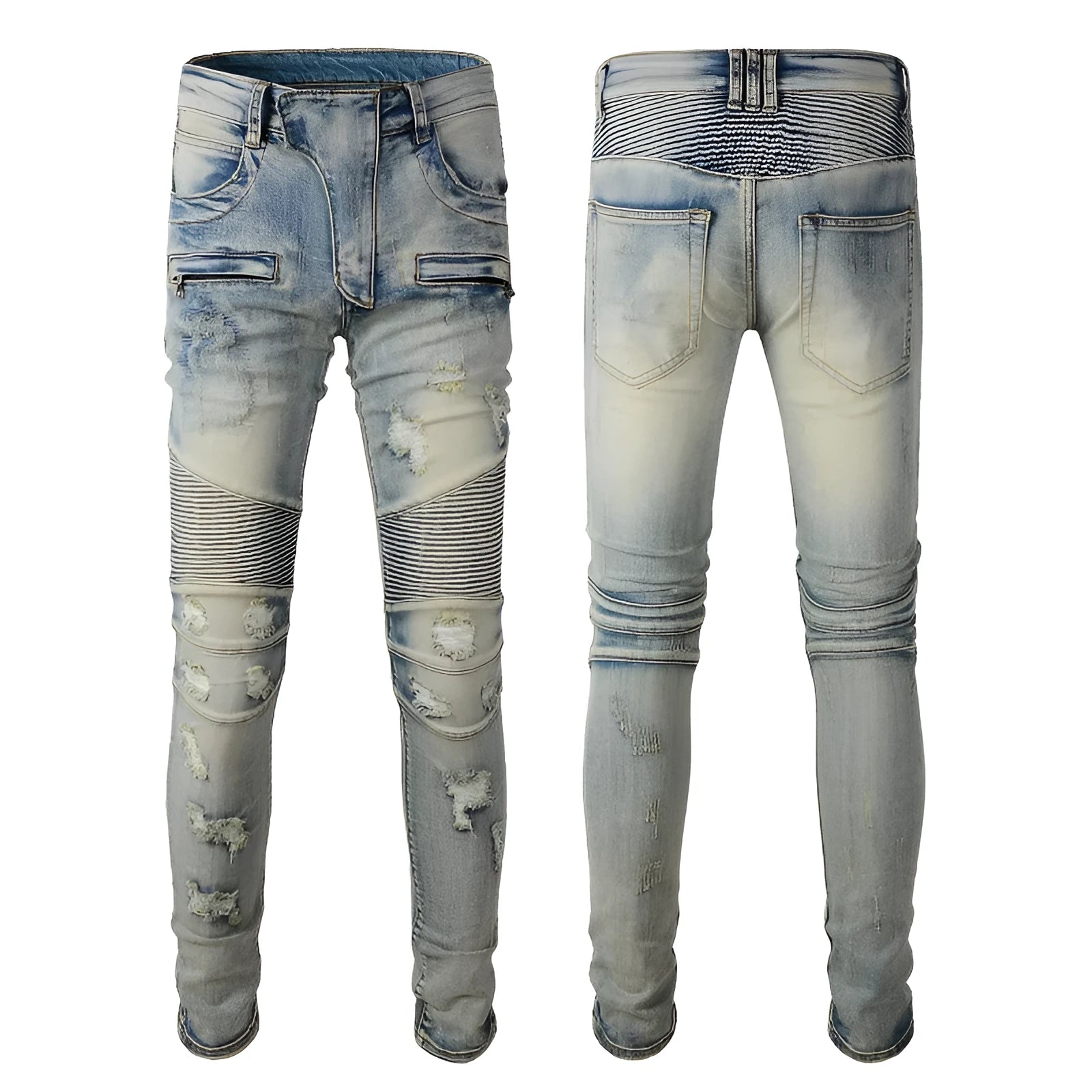 Light blue men's slim fit distressed jeans with hand-frayed detailing and a straight leg cut.