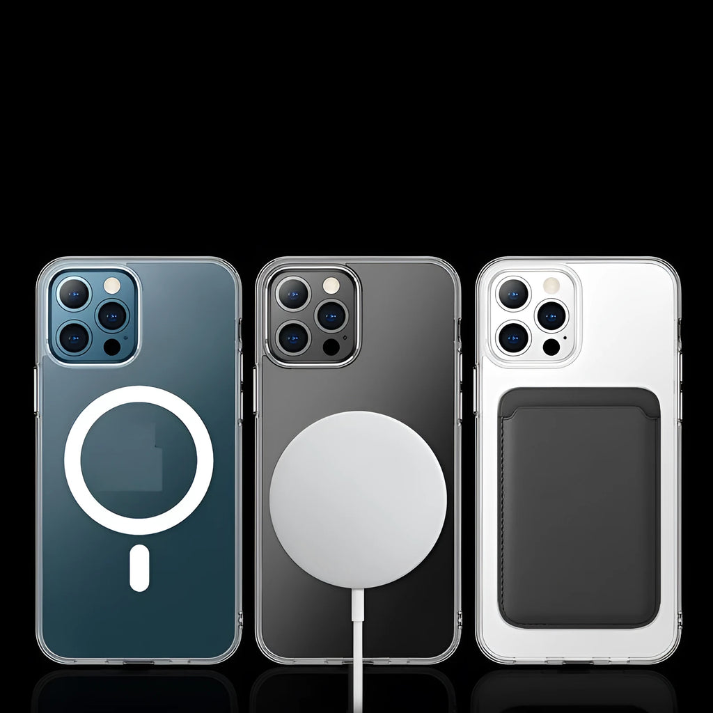 Fully transparent magnetic back cover case for iPhone showing integrated magnet ring on a phone.