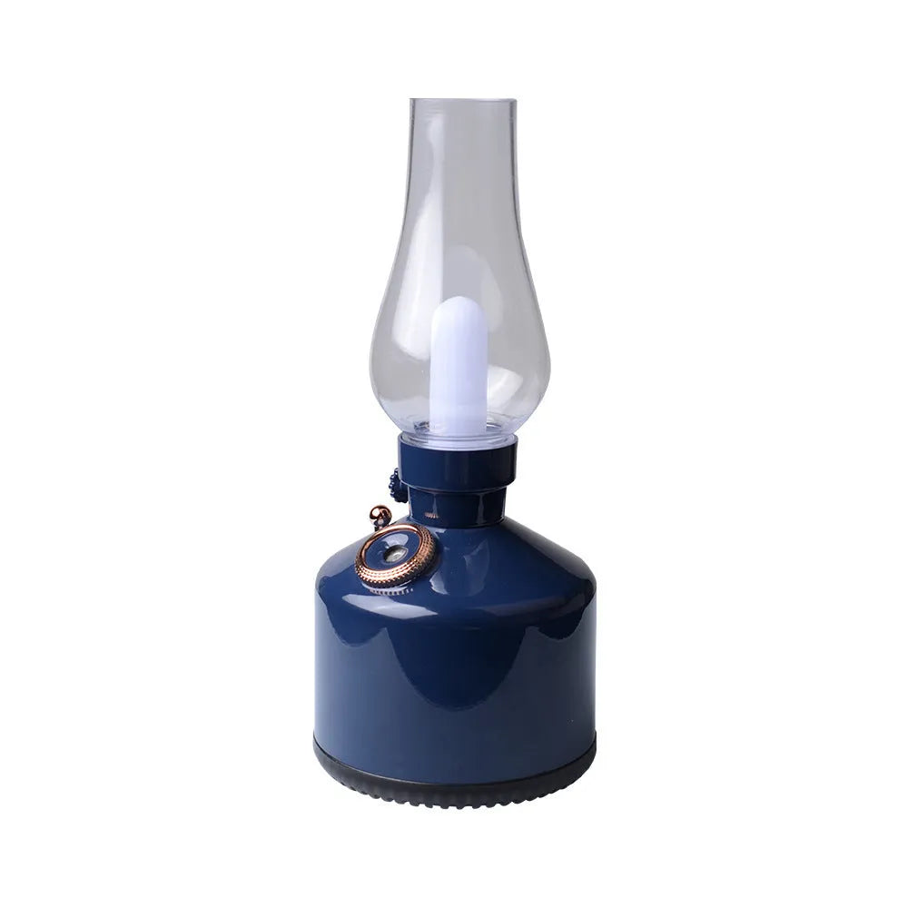 Kerosene lamp ultrasonic humidifier with grey ABS shell on a wooden desk showing single fog outlet