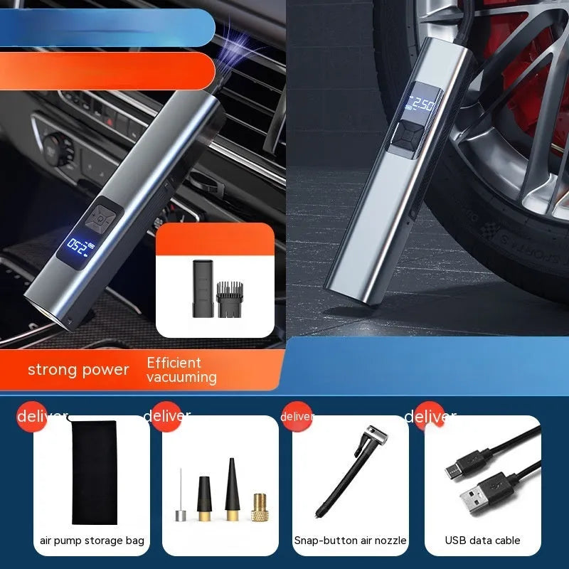 Wireless digital display car tyre inflator and vacuum cleaner with storage bag and accessories