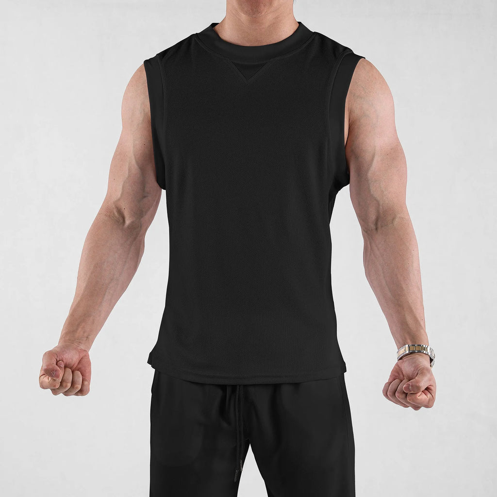 Men's loose fit sports vest in black and white colours showing soft fabric texture
