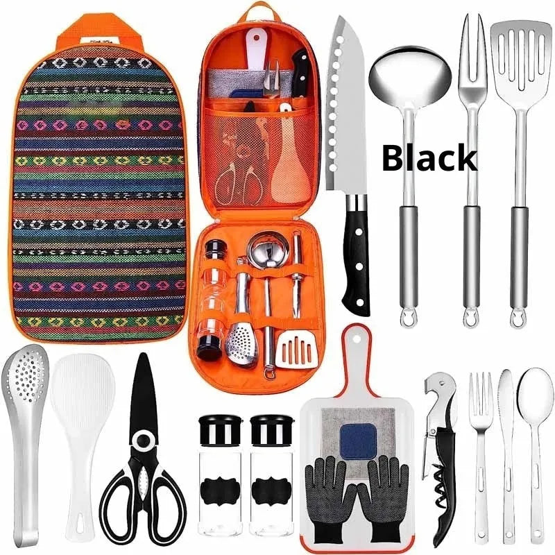 16 piece outdoor camping tableware set with forks and spoons in black finish