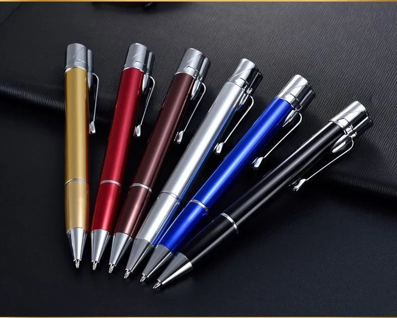 Slim metal windproof pen lighter with jet flame, shown with key chain in selectable colours.