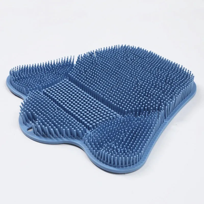 Silicone bath brush massage mat measuring 31cm by 32cm in blue, grey, and pink colour options