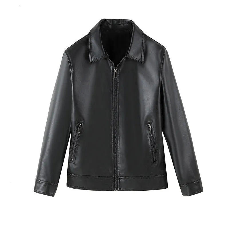 Men's black PU leather casual jacket with zipper pockets shown in loose fit design