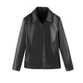Men's black PU leather casual jacket with zipper pockets shown in loose fit design