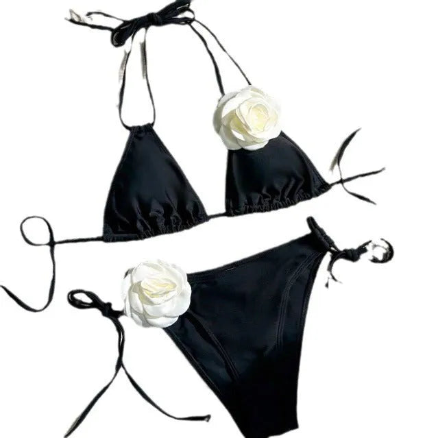 Black 3D flower bikini swimsuit with drawstring lace closure and backless design.