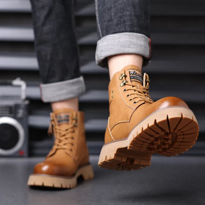 Men's brown leather high-top boots with velvet trim, side zip, and round toe design