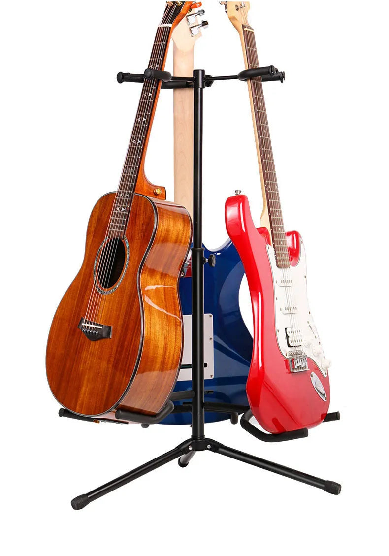 Black vertical double-headed adjustable guitar stand showing iron construction and height adjustment mechanism