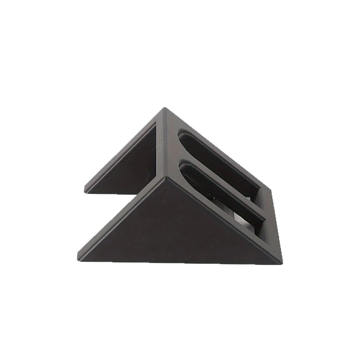 Black punk-style plastic pistol stand for displaying an airsoft gun.