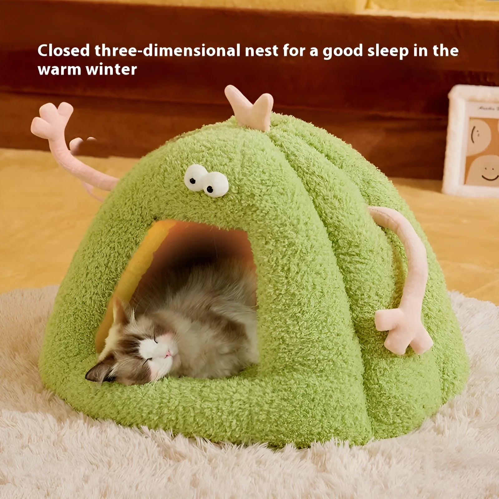 Monster-shaped semi-enclosed cat kennel in yellow, purple, or green colour with soft bubble velvet lining