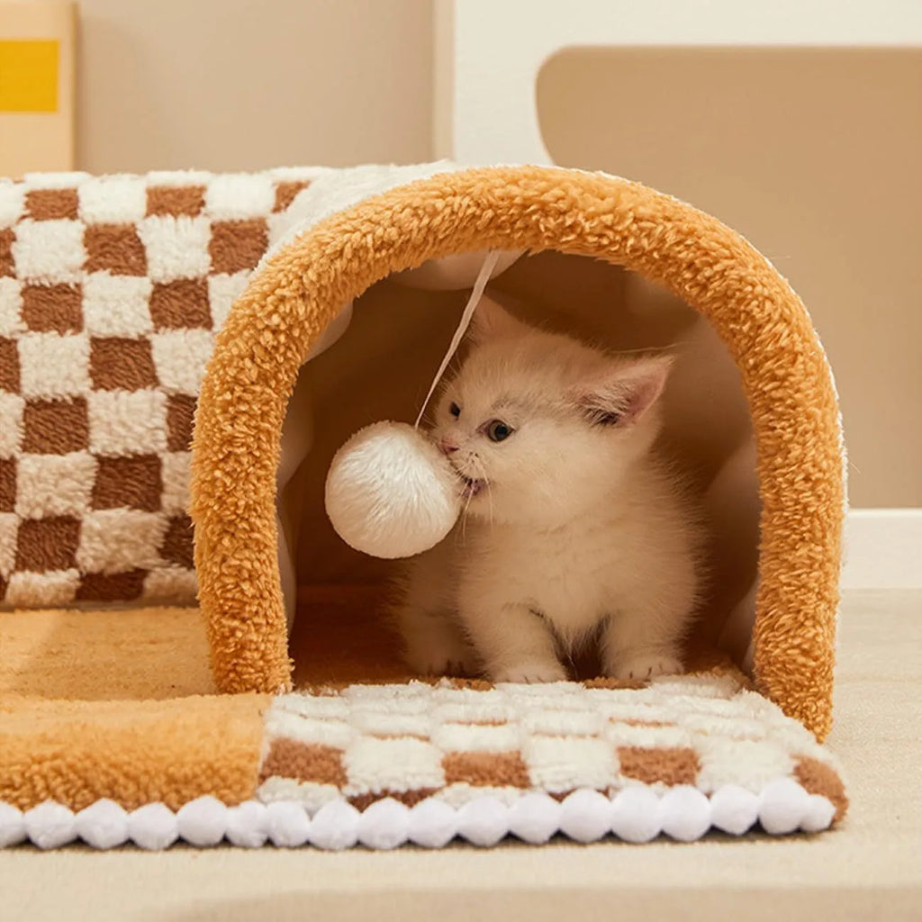 XL fan-shaped plush pet bed tunnel with a plaid pattern, shown in coffee colour.