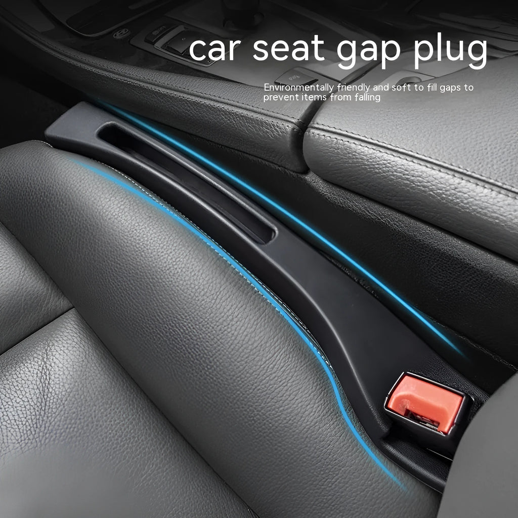 Black plastic car seat gap storage organiser box with handle between vehicle seats