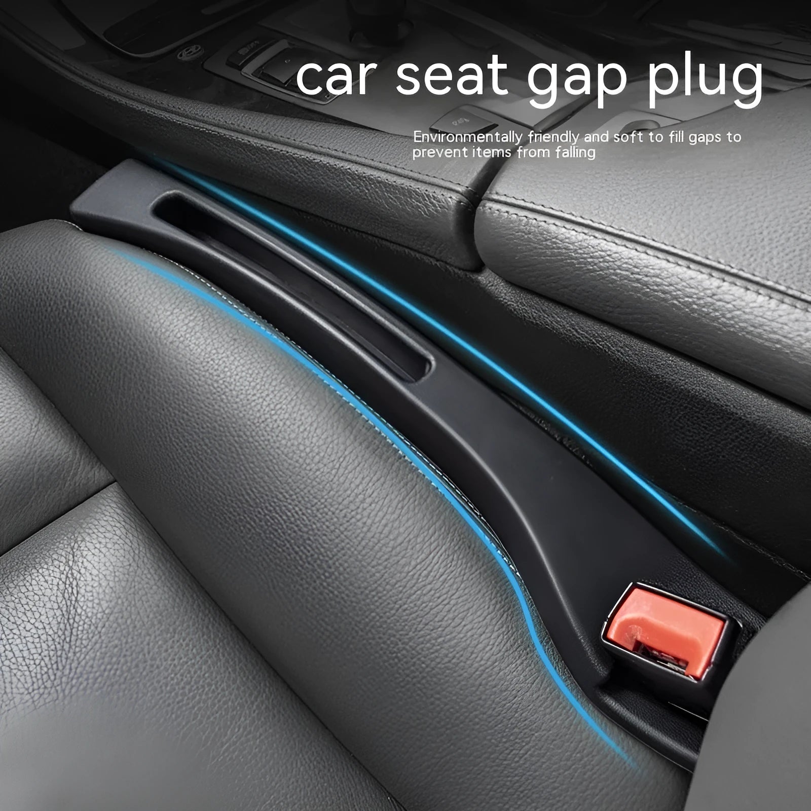 Black plastic car seat gap storage organiser box with handle between vehicle seats