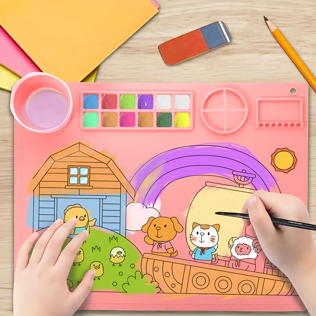 Green silicone painting mat measuring 50 by 40 cm, shown with two integrated bowls for paint or water.