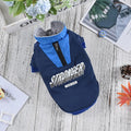 Thick warm pet dog cotton coat with V-shaped splicing, shown in red and blue, sizes XS to 3L