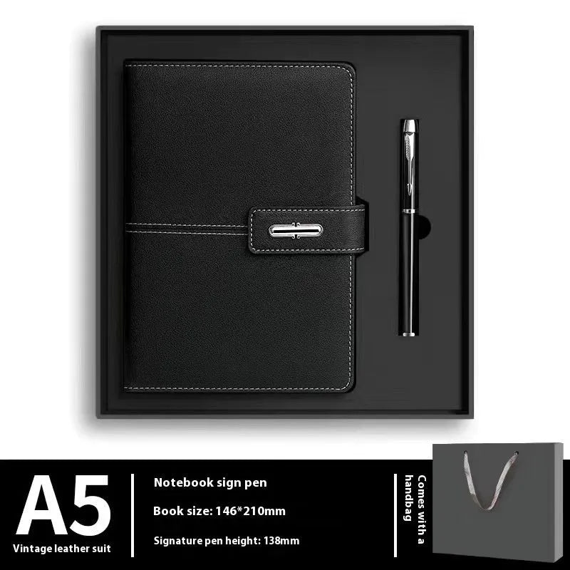 A5 notebook with PU leather cover in choice of colour, shown open on wood-free paper pages.