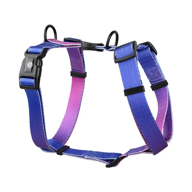 Gradient colour pet chest strap harness in nature patterns with adjustable sizing