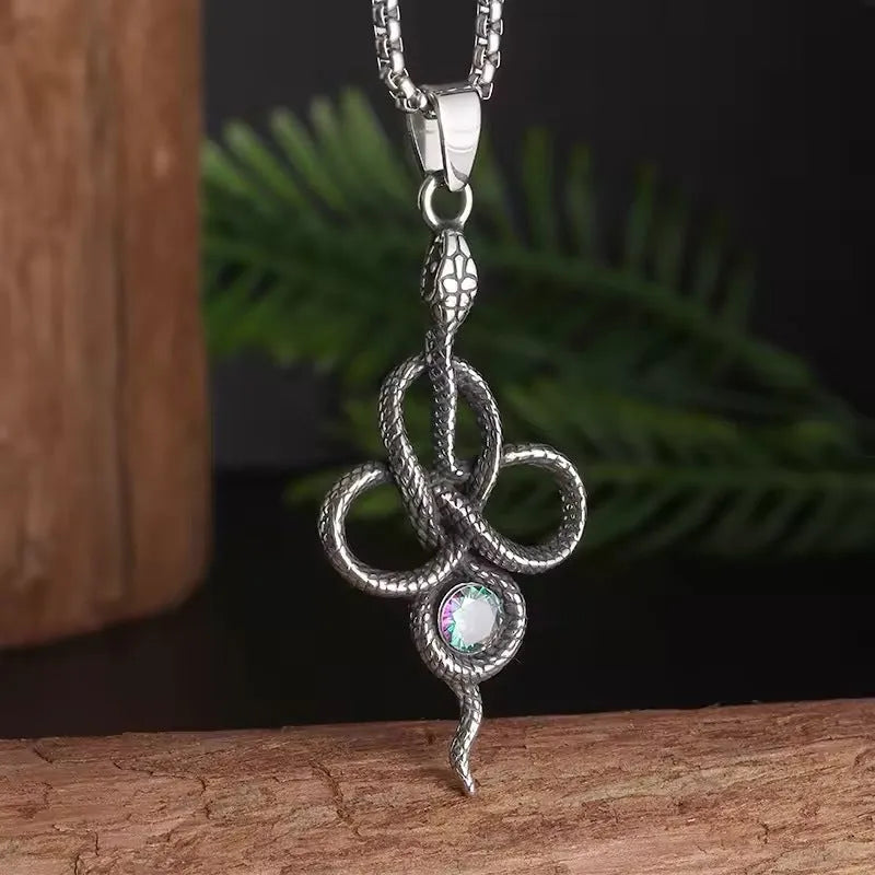 Vintage snakelike winding alloy pendant necklace with inlaid jewel on a pearl chain, 51-60cm perimeter