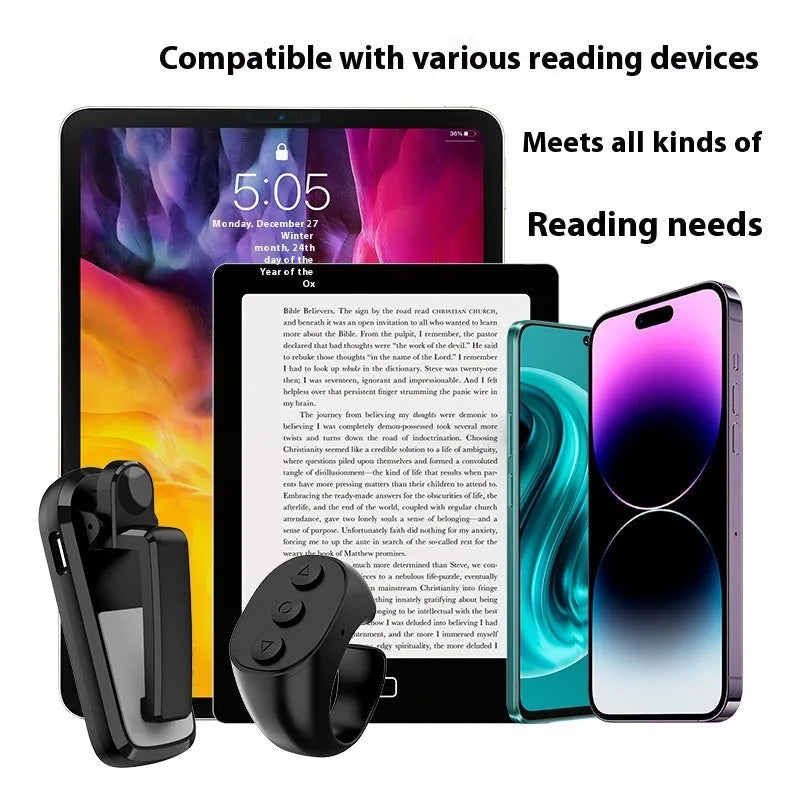 Smart wireless page turner remote control with clicker, in black, white, or pink, for tablets and smartphones.