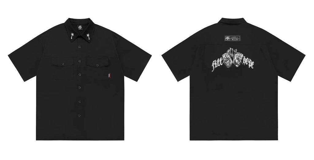 Men's loose fit half sleeve shirt with embroidery in black or khaki colour options
