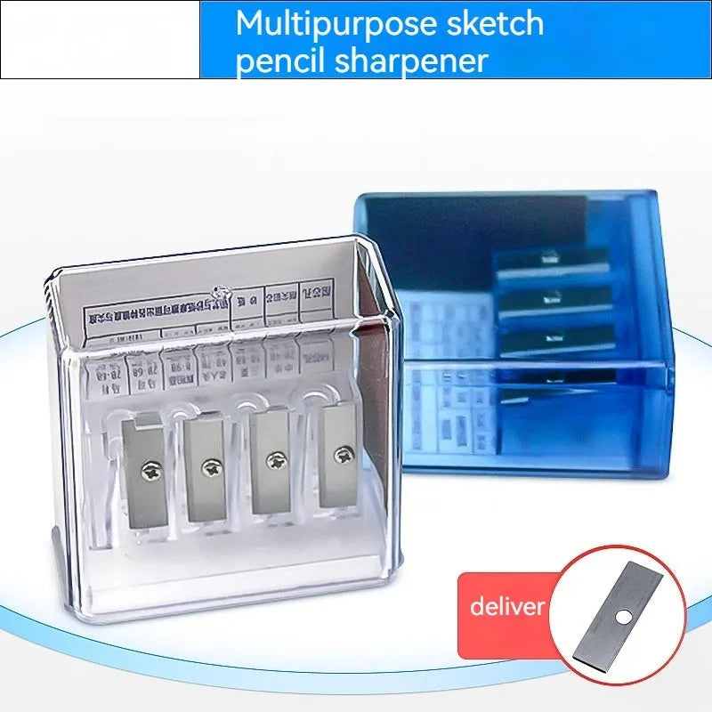 Geometric plastic pencil sharpener with four holes, four blades, and an integrated screwdriver.