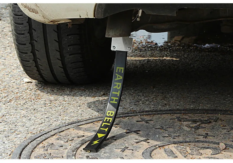 Black rubber car electrostatic grounding belt with metal clip and chain, 37cm long, for static discharge.