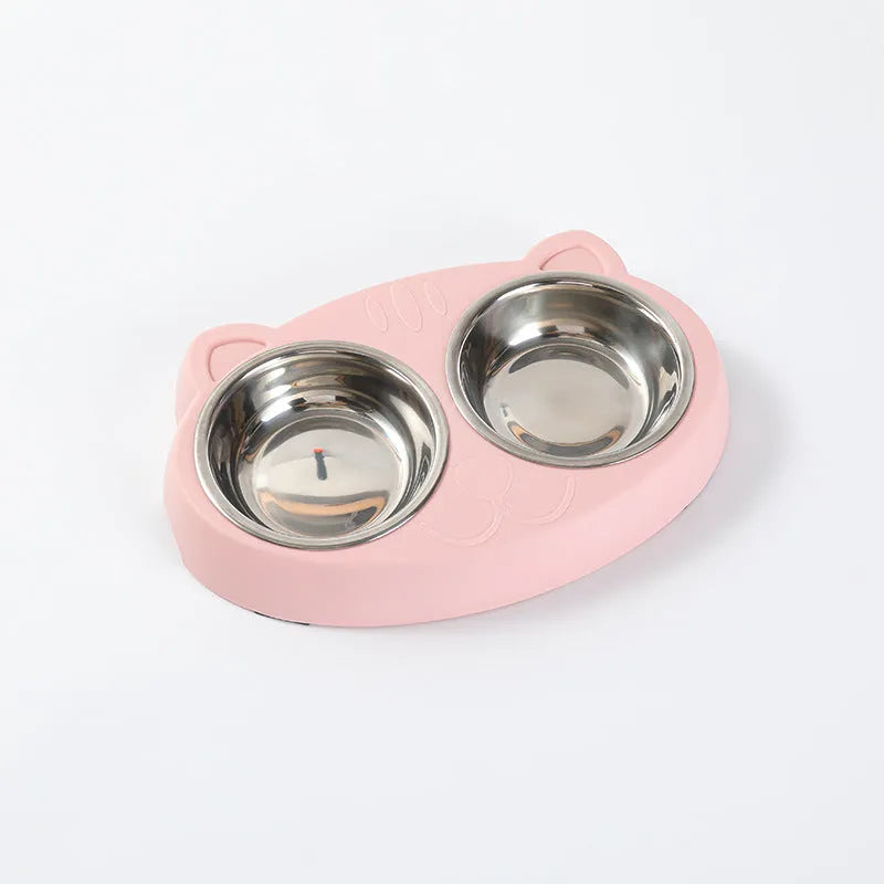 Blue macaron-shaped plastic pet feeder with two bowls and adjustable height legs
